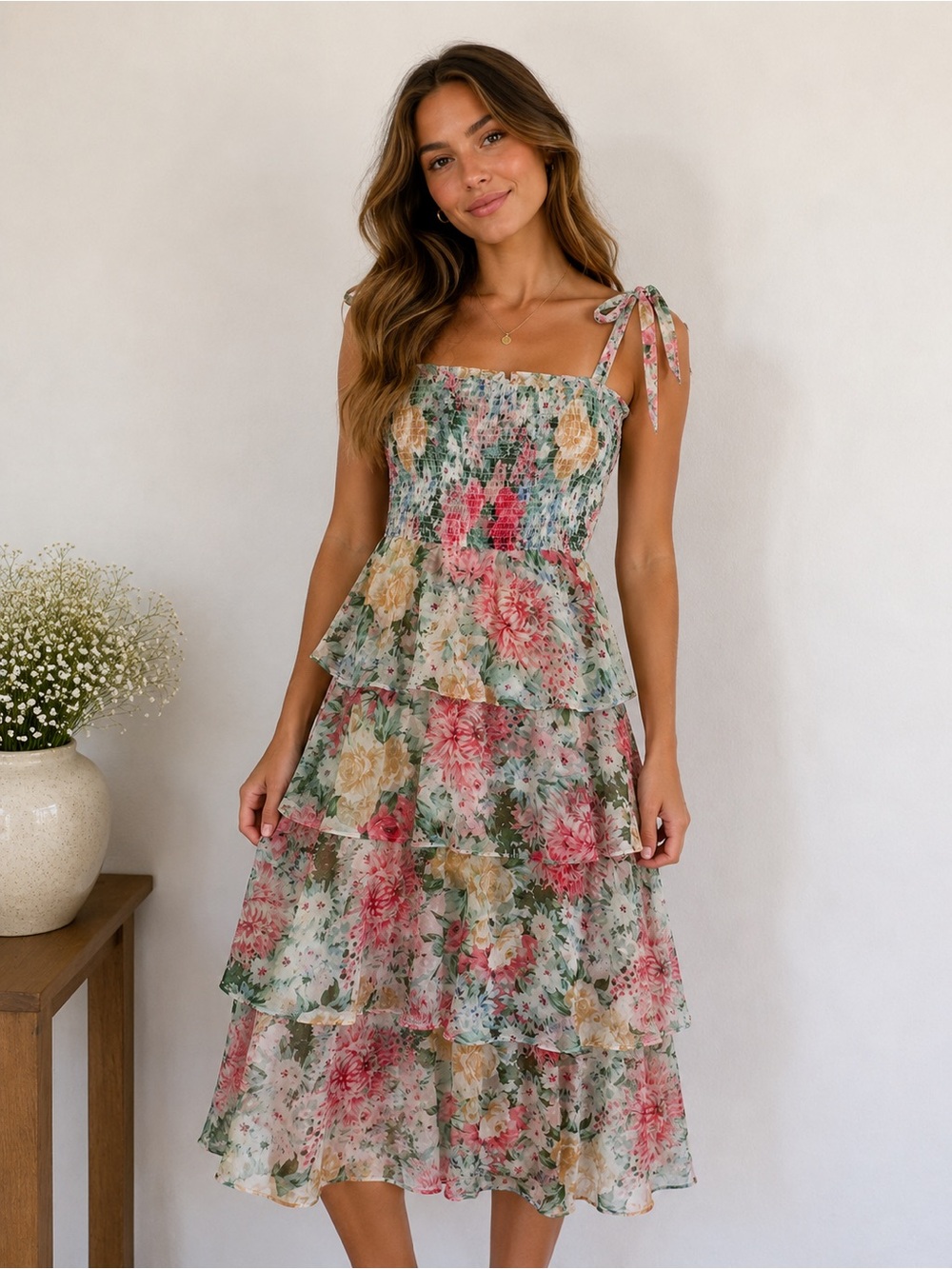 Betsey Johnson Floral Tiered Tie-Shoulder Midi Dress in Pink, Green & Cream